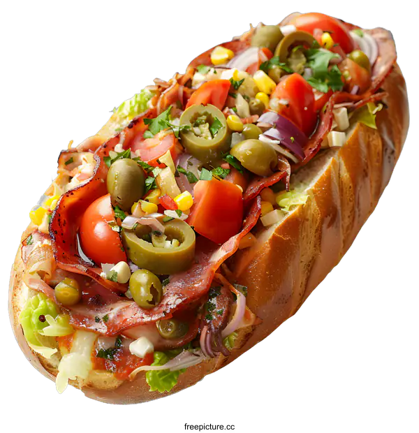 [Transparent Background PNG]A delicious sandwich with ham, cheese, tomato, corn, olives and parsley