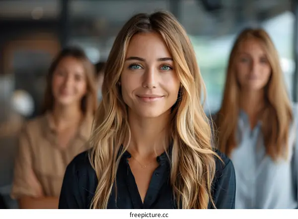 portrait of a young woman smiling with two women in the background