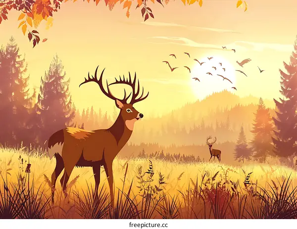 Autumn Deer Illustration With Yellow Background