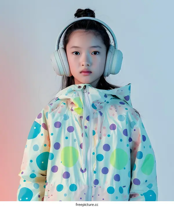 Young Asian Girl in Polka Dot Jacket Wearing Headphones