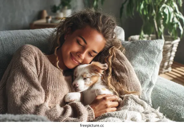Woman and Puppy Cozying Up on a Sofa