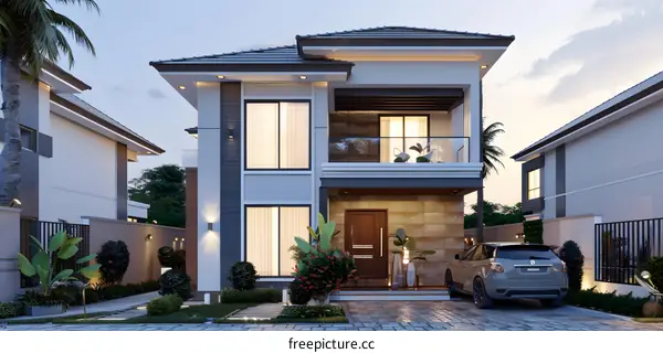 Modern Two Storey House with Balcony and Car