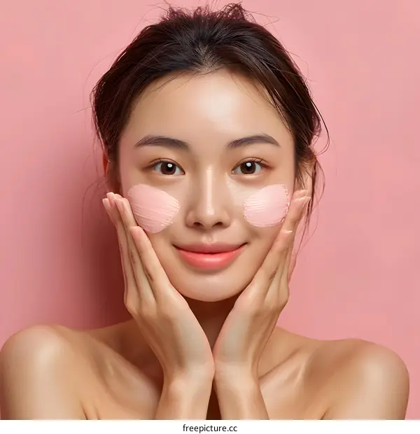 Smiling Asian Woman Applying Face Mask