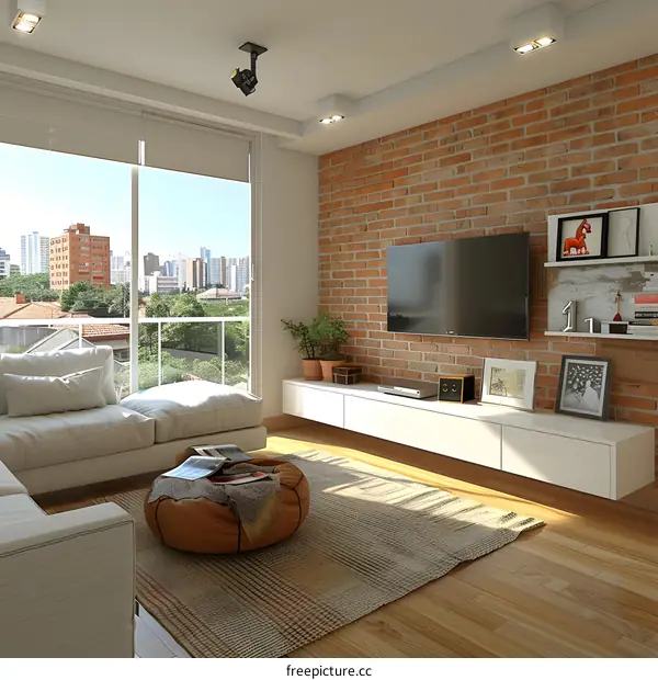 Modern Living Room Design With Brick Wall and City View