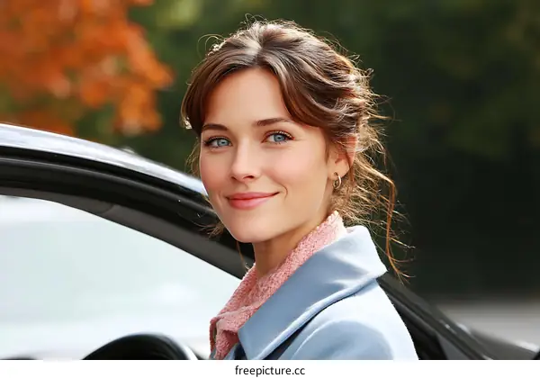 Portrait of a Caucasian Woman Outdoors by a Car