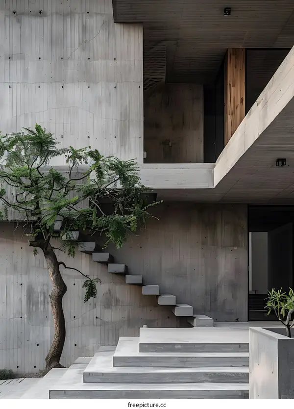 Modern Concrete House Exterior with Stairs and Tree