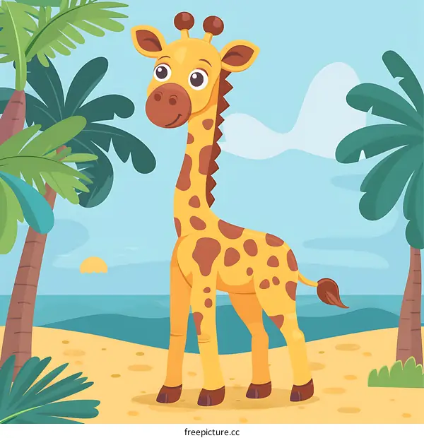 Cute Giraffe Cartoon Illustration On Beach