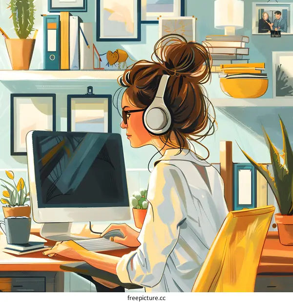 A woman is working on her computer in her home office.