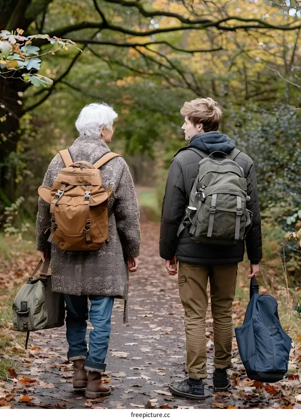 Two People Walking Through the Forest