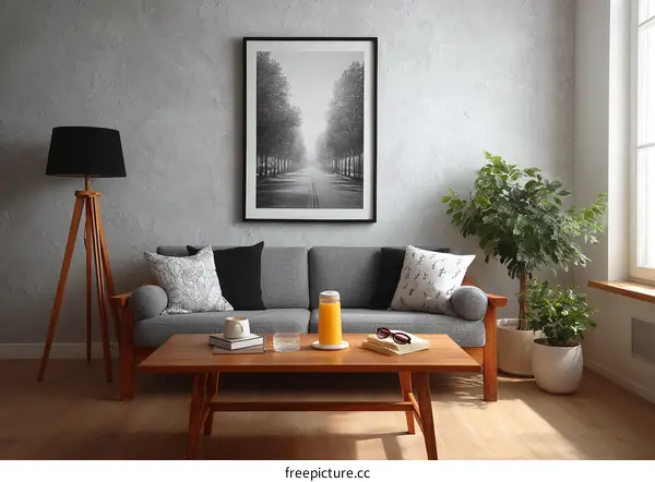 Modern Living Room with Gray Sofa and Artwork