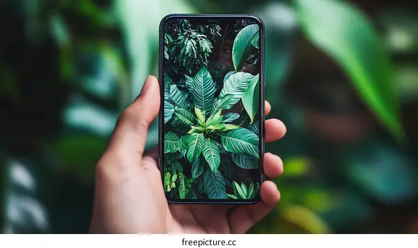 Hand Holding Phone with Green Leaves Screen