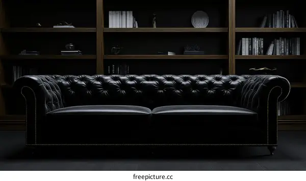 Elegant Black Leather Chesterfield Sofa in a Dark Library