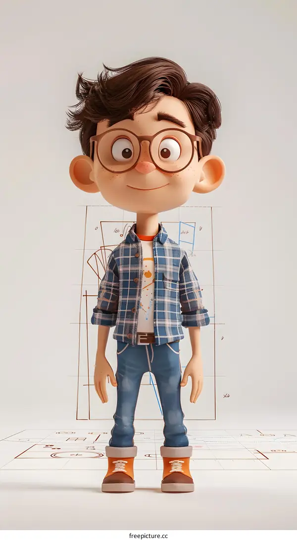 A 3D rendering of a boy wearing glasses and a plaid shirt
