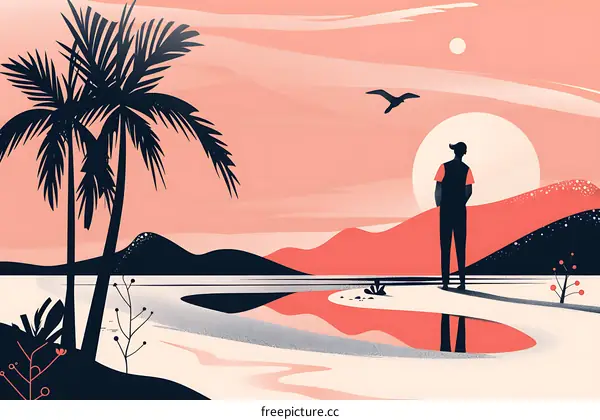 Silhouette of Person Standing on a Hilltop in a Pink Sunset Landscape