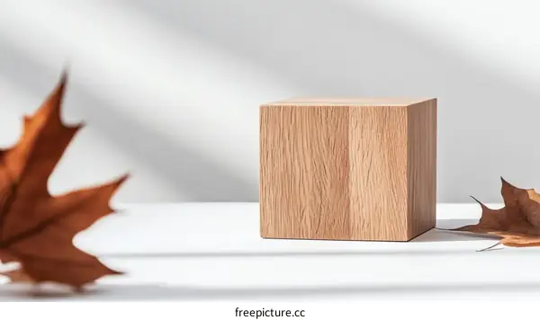 Wooden Cube Display with Autumn Leaves