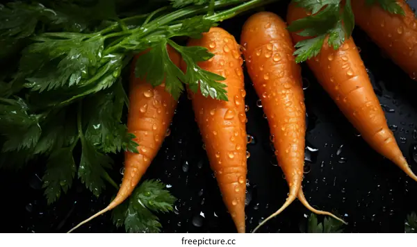 Fresh organic carrots with green leaves on a black background