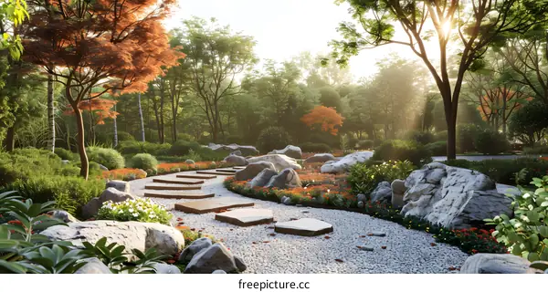 Japanese Zen garden with stone path, rocks, and trees