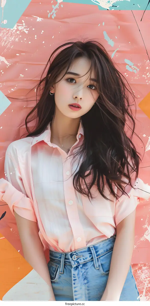 Portrait of a Young Asian Woman with Long Brown Hair Wearing a Pink Shirt and Jeans Against a Colorful Wall