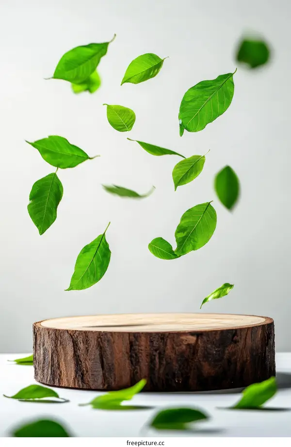 Floating Green Leaves on Wooden Stump Display