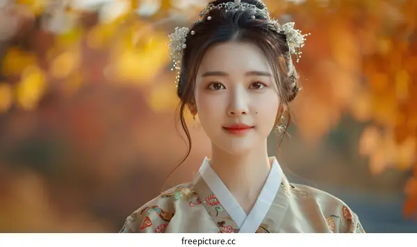 Beautiful Asian Woman Wearing Traditional Korean Hanbok Dress in Autumn