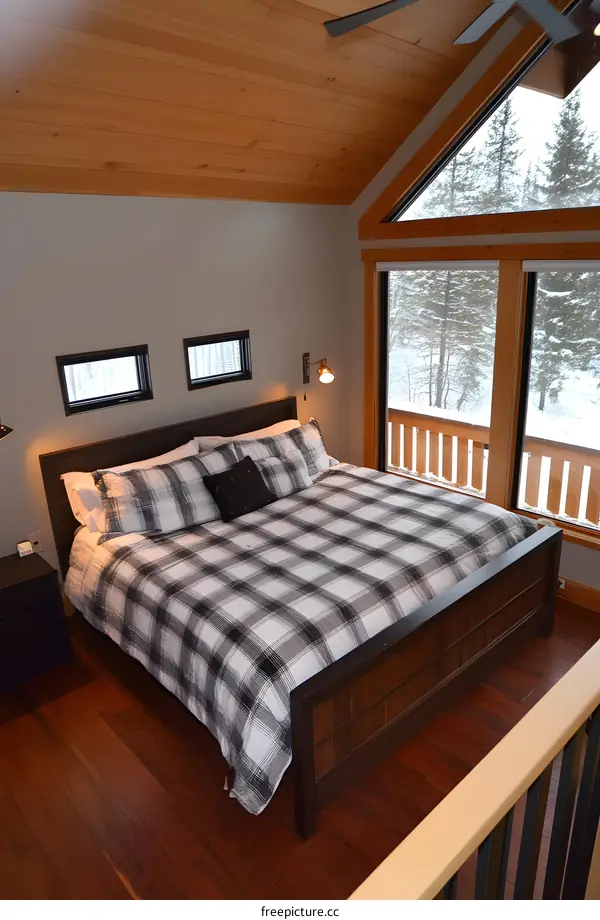 Modern Cabin Bedroom with Big Windows and Wooden Floor