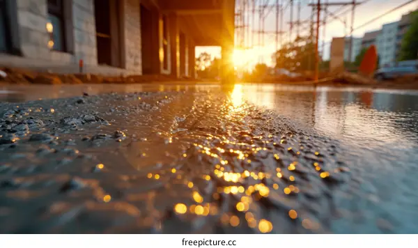 Close up of wet concrete floor at construction site with setting sun in background