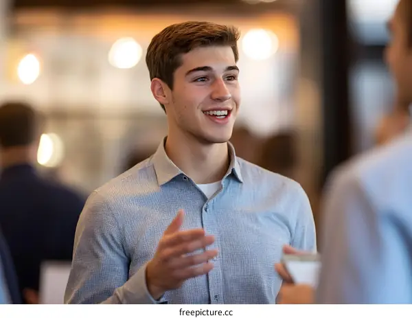 Smiling Young Man in a Business Casual Shirt Talking to Another Man