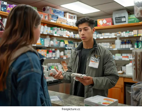 Pharmacist explaining medication to customer