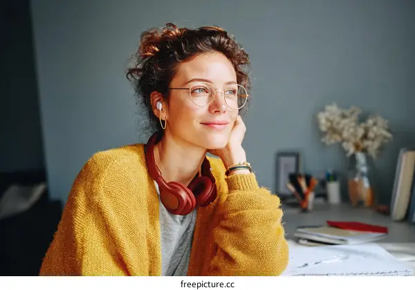 Woman Wearing Headphones and Glasses Contemplating