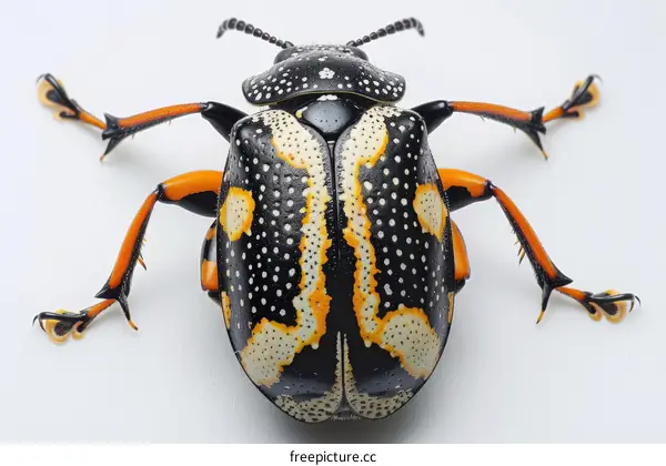 A brightly colored beetle with a spotted pattern on its back