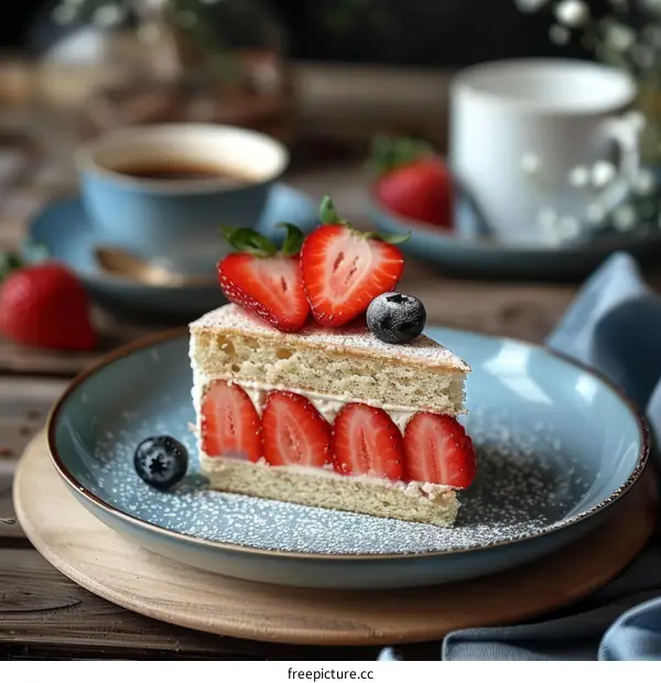 A slice of strawberry cake on a blue plate with a cup of coffee in the background