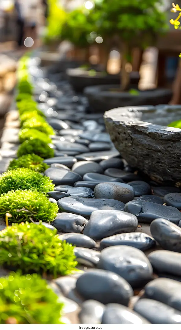 Closeup of Smooth Pebbles and Green Plants in a Garden Path
