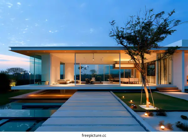 Modern Glass House with Pool and Garden