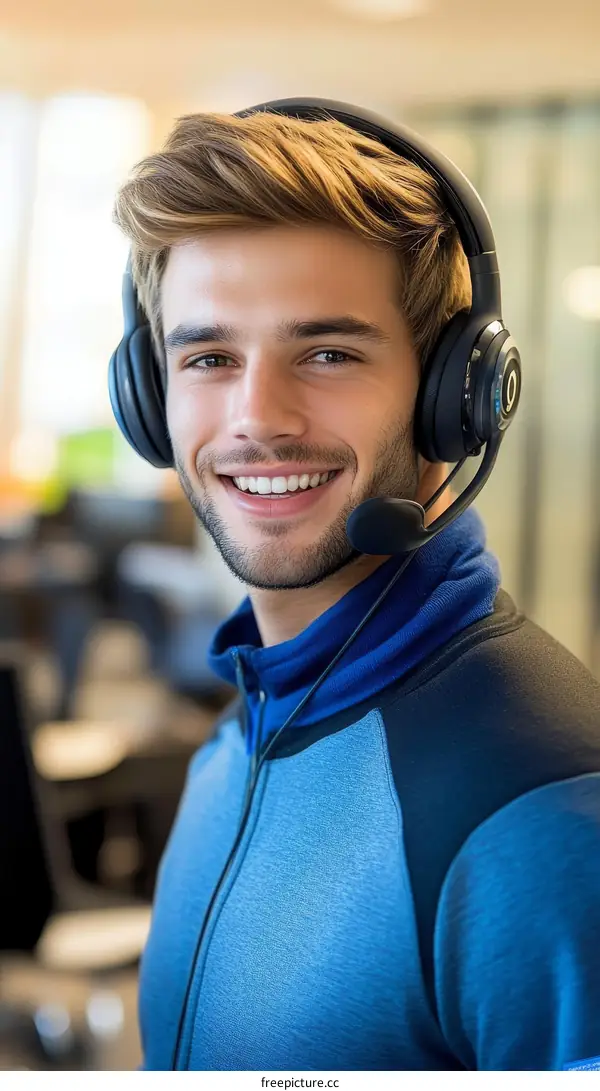 Smiling Caucasian Male Wearing Headphones in Office