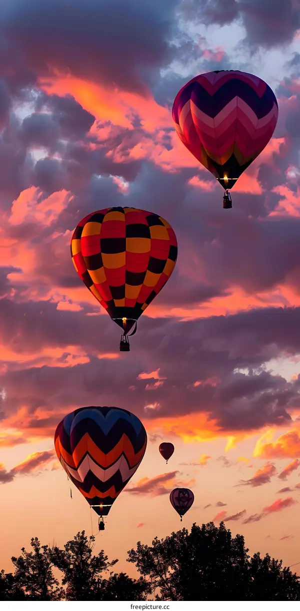 Hot Air Balloons Flying in Sunset Sky