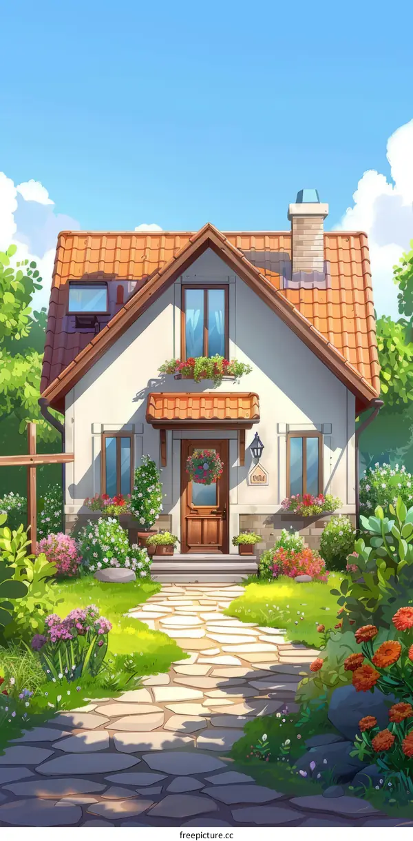 Small cottage house with flowers and garden
