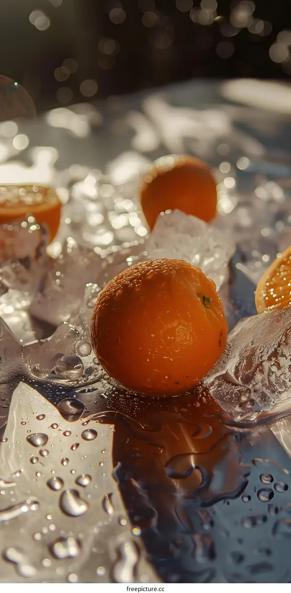Orange Fruit on Ice with Water Drops