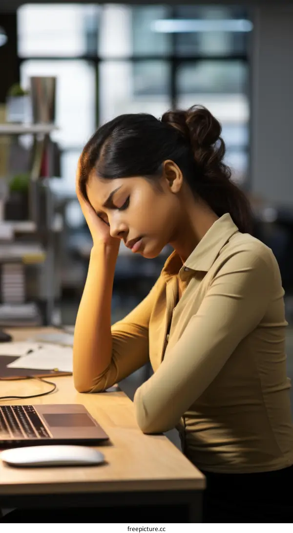 Indian woman sitting at her desk looking stressed with her hand on her head