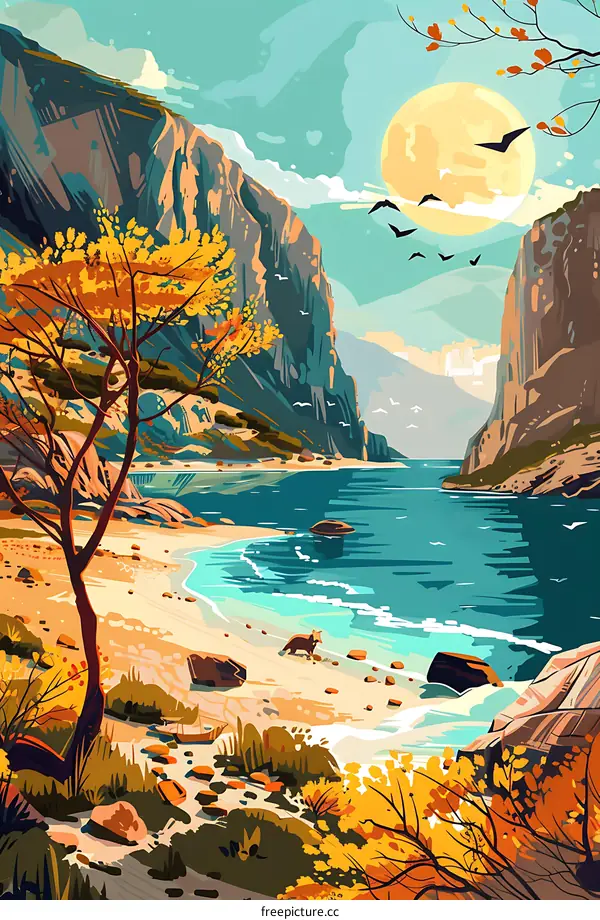 Mountain Landscape Illustration with Autumn Trees and a Blue Lake