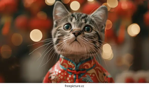 A cute tabby cat wearing a red and gold Chinese-style outfit