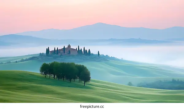 Tuscany Sunrise with Misty Hills and Manor House