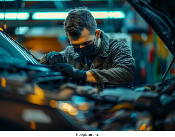 Car mechanic wearing a mask fixing a car engine