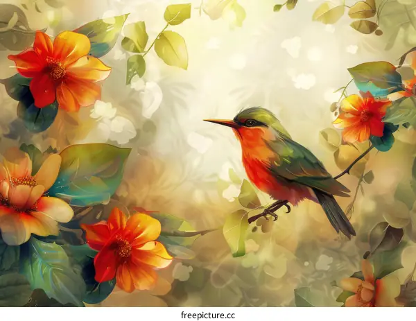 A small bird is perched on a branch with red and yellow flowers.