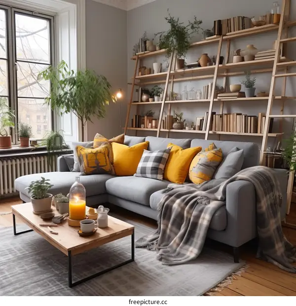 A cozy living room with a large gray couch, yellow pillows, and a wooden bookshelf
