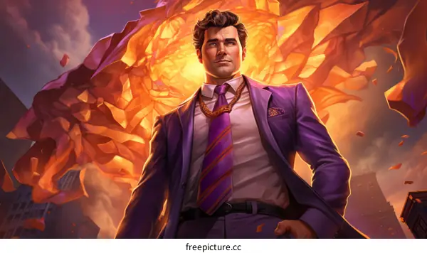 Confident businessman standing in front of an orange fiery background