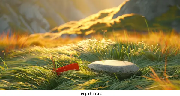 Close-up of a rock and grass field with a red book on the grass