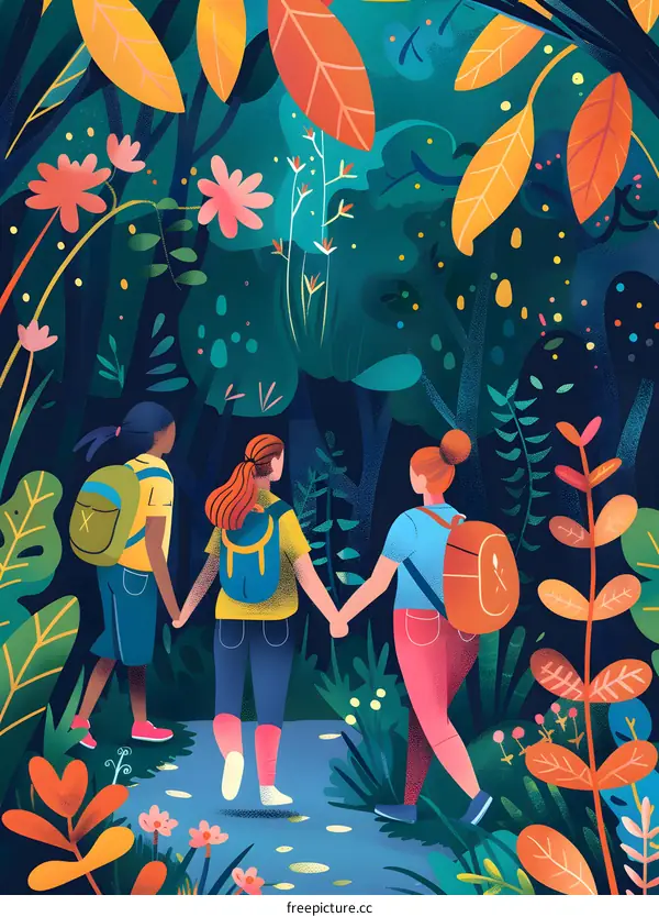 Three Friends Hiking Through The Forest