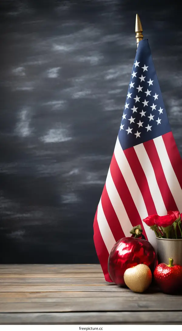 Patriotic American flag chalkboard background with roses and ornaments
