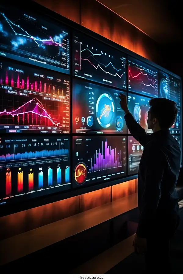 Businessman analyzing data on a large digital screen