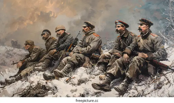 A group of soldiers sitting on a snowy hill